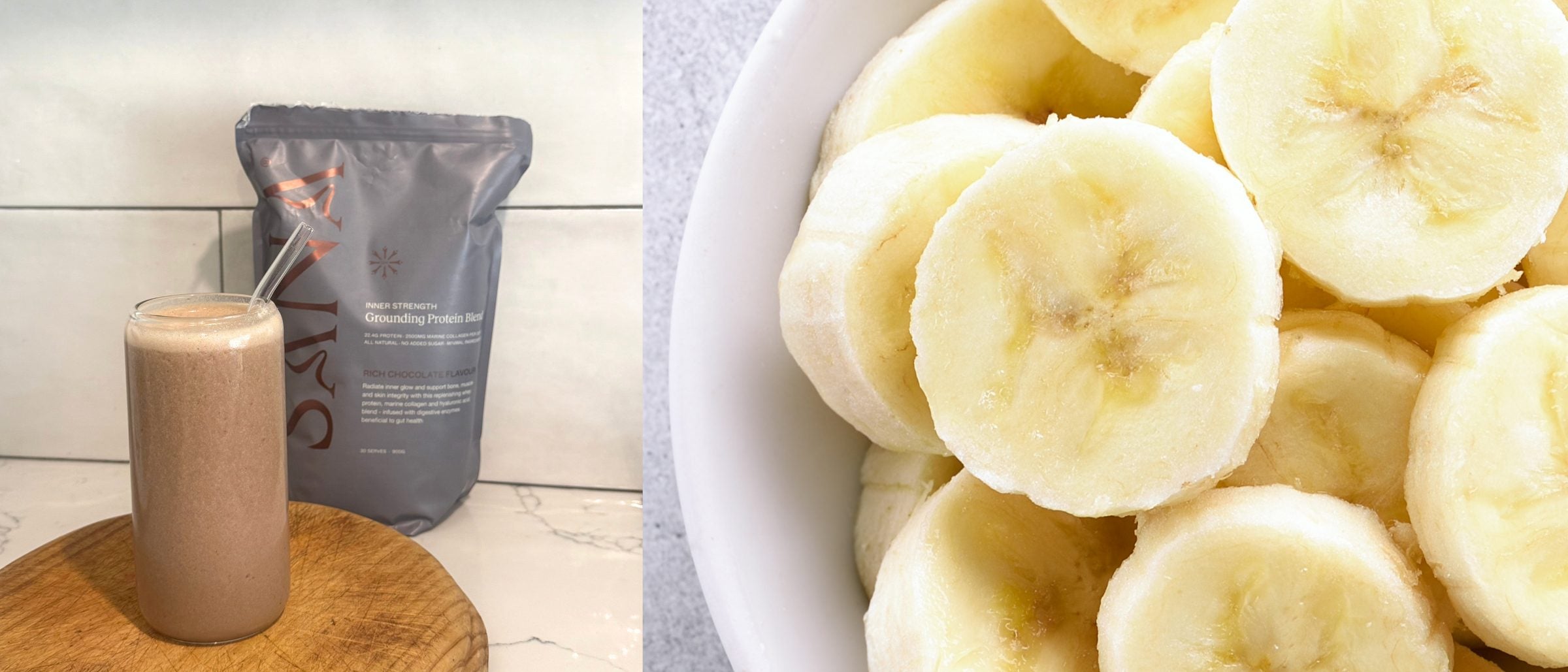 Chocolate banana protein smoothie with SANA Chocolate Grounding Protein